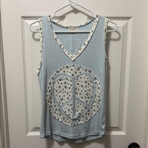 POL Light Blue Floral Peace-Heart Tank Top